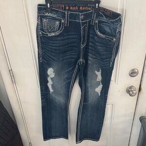 Rock Revival Men's Distressed Dark Blue Jeans